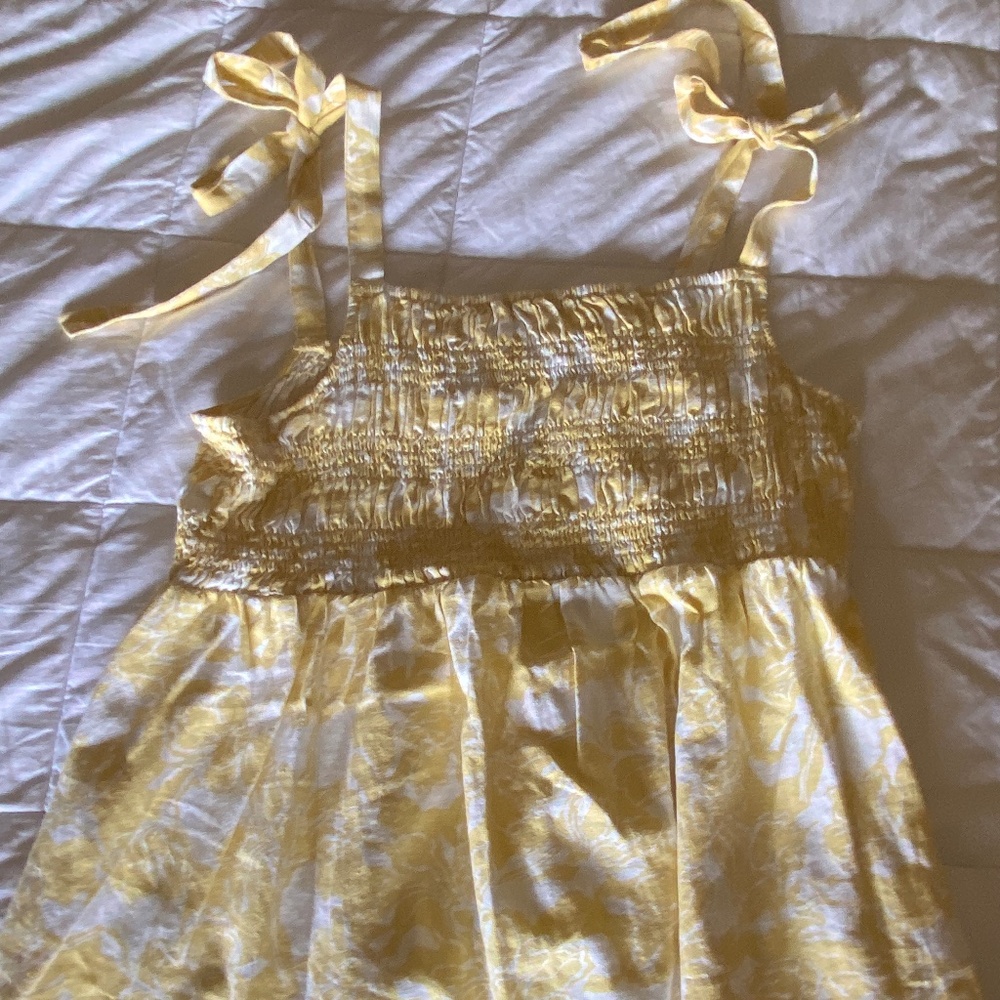 Tie shoulder, smocked, yellow floral maternity top